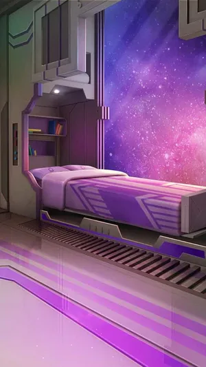 A Futuristic Bedroom With Purple Walls And A Bed Wallpaper