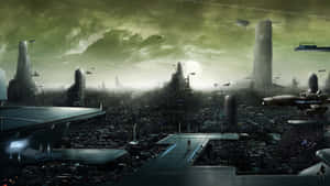 A Futuristic City With Many Buildings And Ships Wallpaper