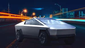 A Futuristic Vehicle Driving Down The Street At Night Wallpaper