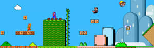 A Game With A Mario Bros Character Flying Over A City Wallpaper