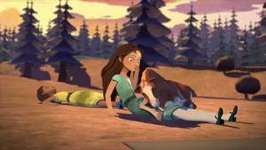 A Girl And A Boy Are Laying On The Ground In A Forest Wallpaper