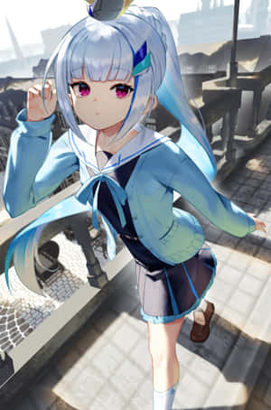 A Girl In A Blue Uniform Is Walking On A Bridge Wallpaper