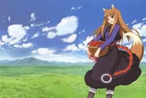 A Girl In A Dress Holding A Basket In The Grass Wallpaper