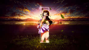 A Girl In A Dress Standing In A Field Wallpaper