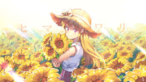 A Girl In A Hat Is Standing In A Field Of Sunflowers Wallpaper