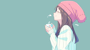 A Girl In A Pink Hat Drinking Coffee Wallpaper