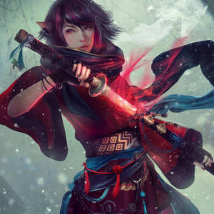 A Girl In A Red Dress Holding A Sword Wallpaper