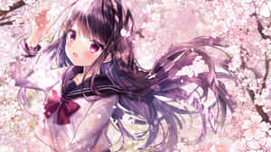 A Girl In A School Uniform With Long Hair And Pink Blossoms Wallpaper