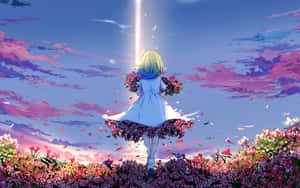 A Girl In A White Dress Standing In A Field Of Flowers Wallpaper