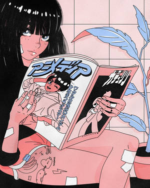 A Girl Is Reading A Book In Front Of A Plant Wallpaper