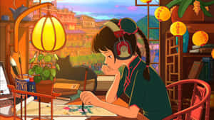 A Girl Is Sitting At A Desk Wallpaper