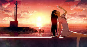 A Girl Is Sitting On A Ledge Looking At The Sunset Wallpaper