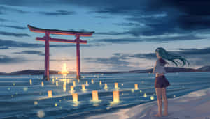 A Girl Is Standing In Front Of A Tori Gate Wallpaper