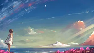 A Girl Is Standing On The Beach Looking At The Sky Wallpaper