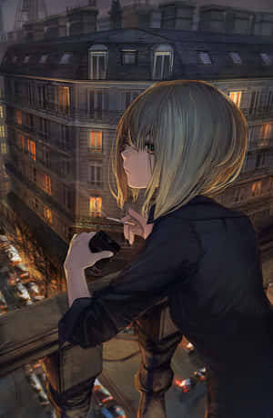 A Girl Looking Out Over The City At Night Wallpaper