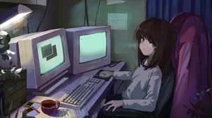 A Girl Sitting At A Desk With Two Computers Wallpaper
