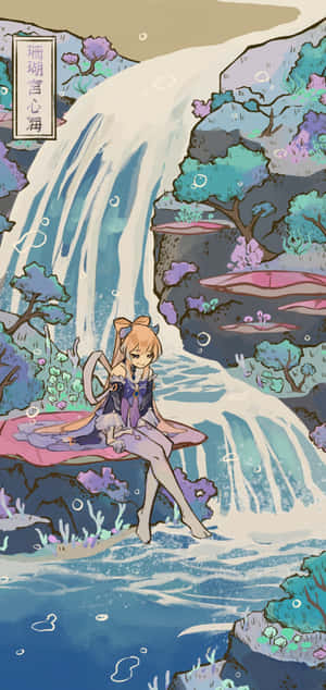 A Girl Sitting On A Rock Next To A Waterfall Wallpaper