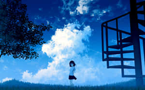 A Girl Standing In A Field With A Tree And A Ladder Wallpaper