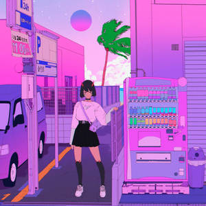 A Girl Standing In Front Of A Vending Machine Wallpaper