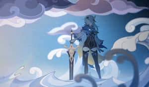 A Girl With A Sword Standing On A Cloud Wallpaper