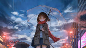 A Girl With An Umbrella Walking Down A City Street Wallpaper