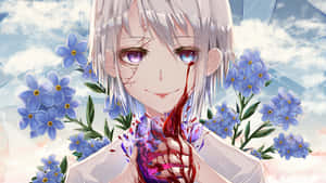 A Girl With Blood On Her Face And Flowers In The Background Wallpaper