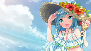 A Girl With Blue Hair Wearing A Hat And A Straw Hat Wallpaper