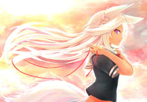 A Girl With Long White Hair Is Holding A Red String Wallpaper