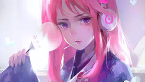 A Girl With Pink Hair Is Holding A Pink Flower Wallpaper