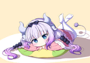 A Girl With Purple Hair And Horns Laying On A Pillow Wallpaper