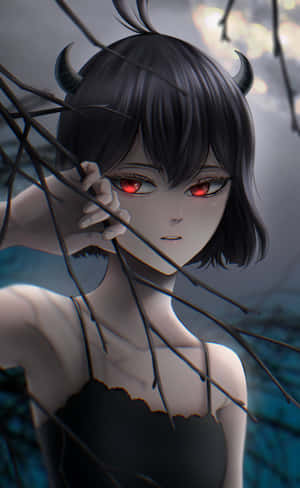 A Girl With Red Eyes And Horns Is Standing In A Tree Wallpaper