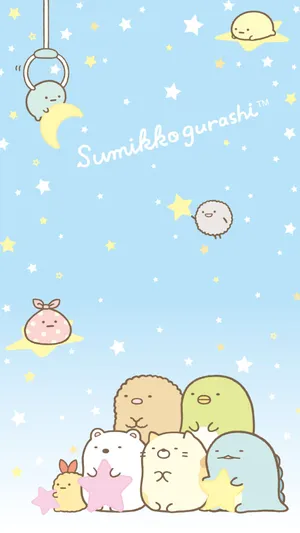 A Group Of Adorable Kawaii Characters Celebrating On A Colorful Background Wallpaper
