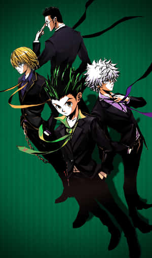 A Group Of Anime Characters Standing In Front Of A Green Background Wallpaper