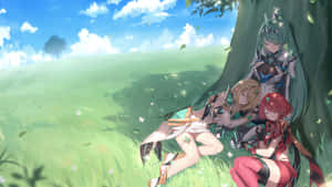 A Group Of Anime Girls Sitting Under A Tree Wallpaper