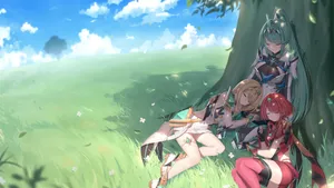 A Group Of Anime Girls Sitting Under A Tree Wallpaper