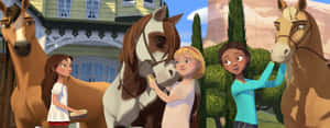 A Group Of Children Are Standing Next To Horses Wallpaper