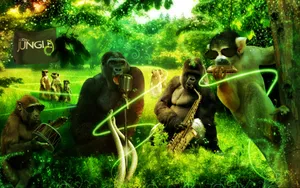 A Group Of Gorillas Playing Music In The Jungle Wallpaper
