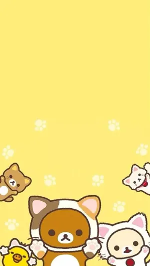 A Group Of Kawaii Animals On A Yellow Background Wallpaper