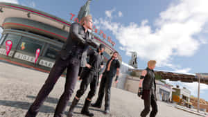 A Group Of People Standing In Front Of A Building Wallpaper