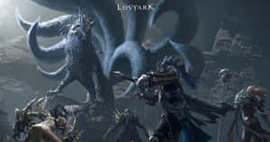 A Group Of People Standing In Front Of A Large Creature Wallpaper