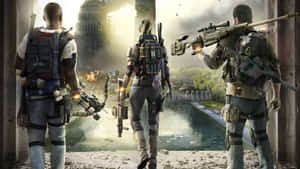 A Group Of Soldiers Standing In Front Of A City Wallpaper