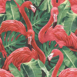 A Group Of Vibrant Pink Flamingos Standing In Water With A Colorful, Serene Backdrop Wallpaper