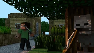 A Group Of Villagers Socializing In A Bustling Minecraft Village. Wallpaper