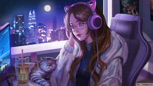 A Kawaii Gaming Girl Enjoys Her Video Games Wallpaper