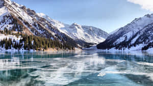 A Lake With Ice Floating In It Near Mountains Wallpaper