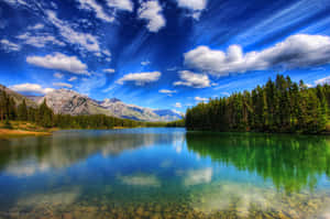 A Lake With Trees And Clouds In The Background Wallpaper