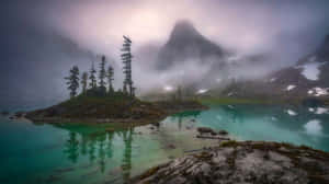 A Lake With Trees And Fog In The Background Wallpaper