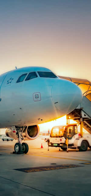 A Large White Airplane Is Parked At An Airport Wallpaper