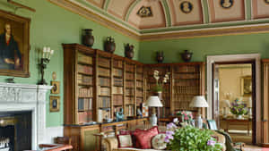 A Living Room With A Fireplace And Bookshelves Wallpaper