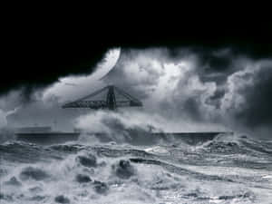 A Lone Boat Rides Out A Storm At Sea Wallpaper